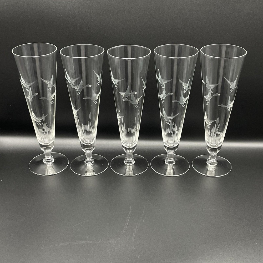 Vintage Etched Flying Ducks Cattails Pilsner Glasses Set Of 5 Elegant Glass